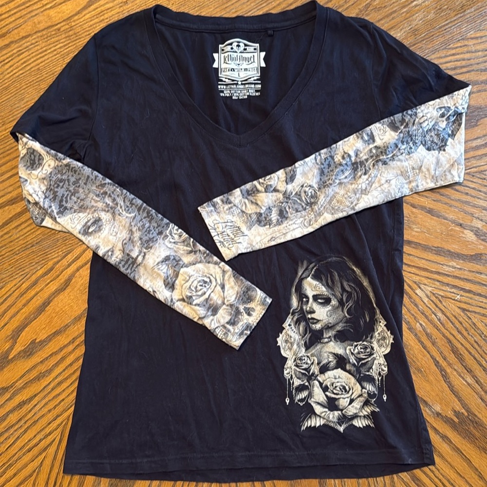 Death Threat Lethal Angel Black V Neck Fitted Tattoo Sleeve Tee T-shirt Sz Large